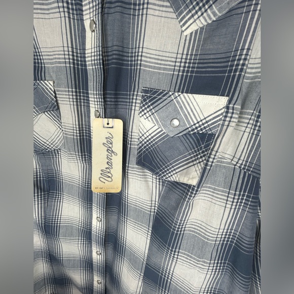 Wranglers Plaid Shirt Faux Pearl Snaps NWT Size Large Blue and Cream - Picture 3 of 6